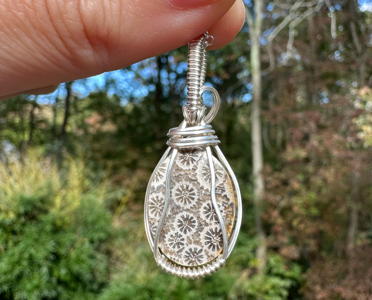 Wire-Wrapped Natural Gray Fossilized Coral Pendant in Sterling Silver
