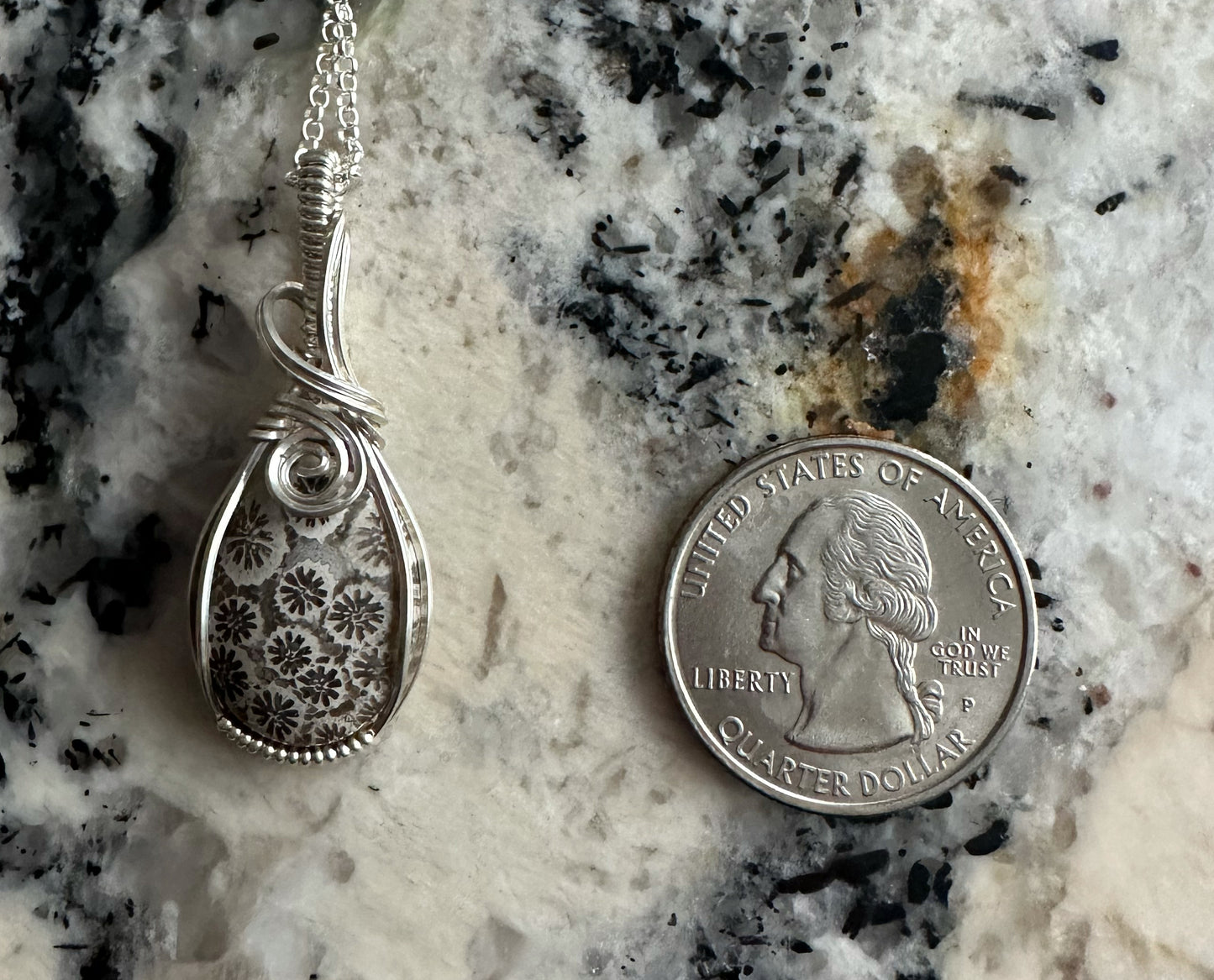 Wire-Wrapped Natural Gray Fossilized Coral Pendant in Sterling Silver