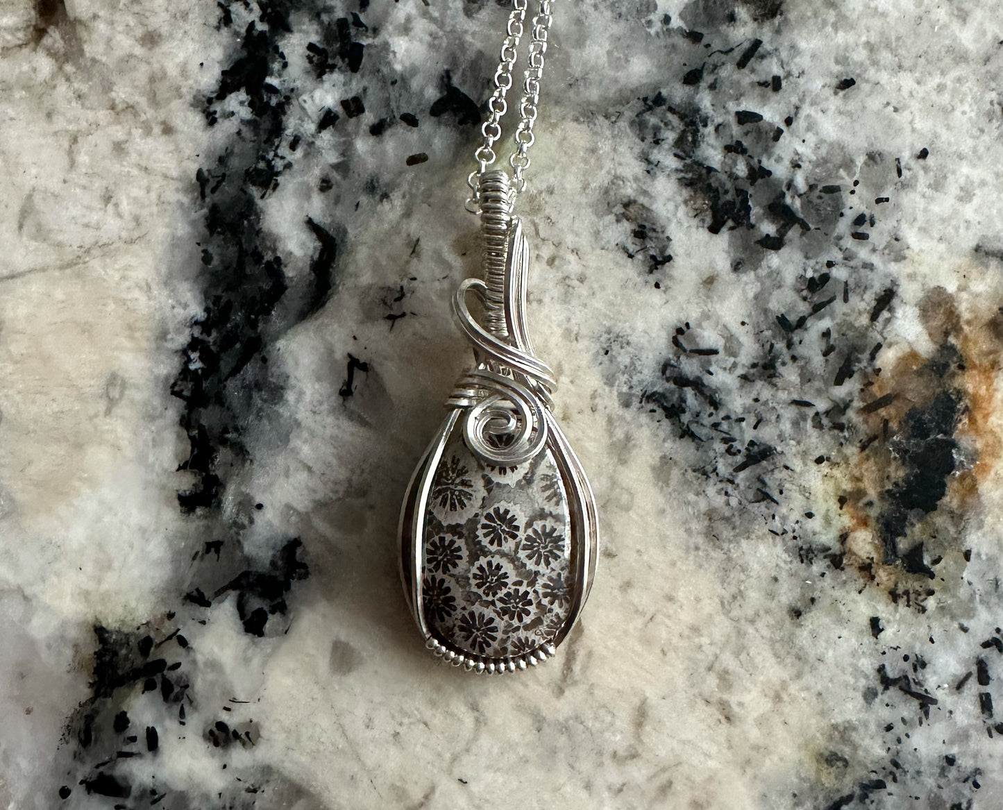 Wire-Wrapped Natural Gray Fossilized Coral Pendant in Sterling Silver