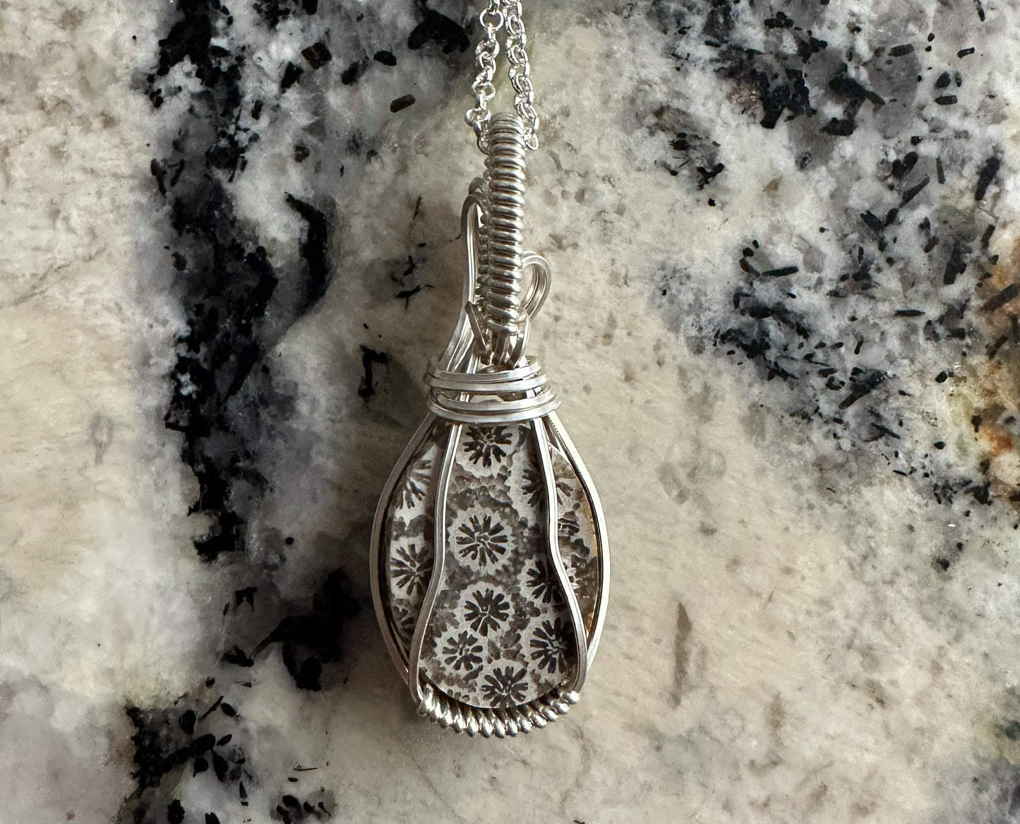 Wire-Wrapped Natural Gray Fossilized Coral Pendant in Sterling Silver