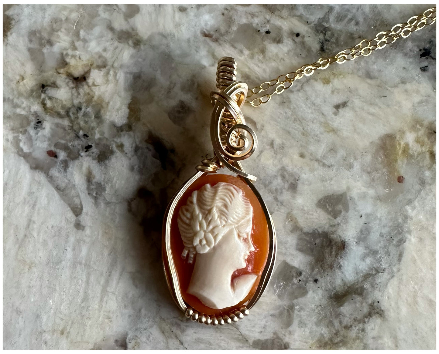 Wire-Wrapped Small Vintage Carved Shell Cameo of Woman Pendant in 14k Goldfilled Wire