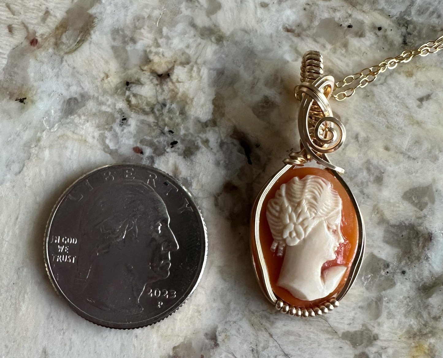 Wire-Wrapped Small Vintage Carved Shell Cameo of Woman Pendant in 14k Goldfilled Wire