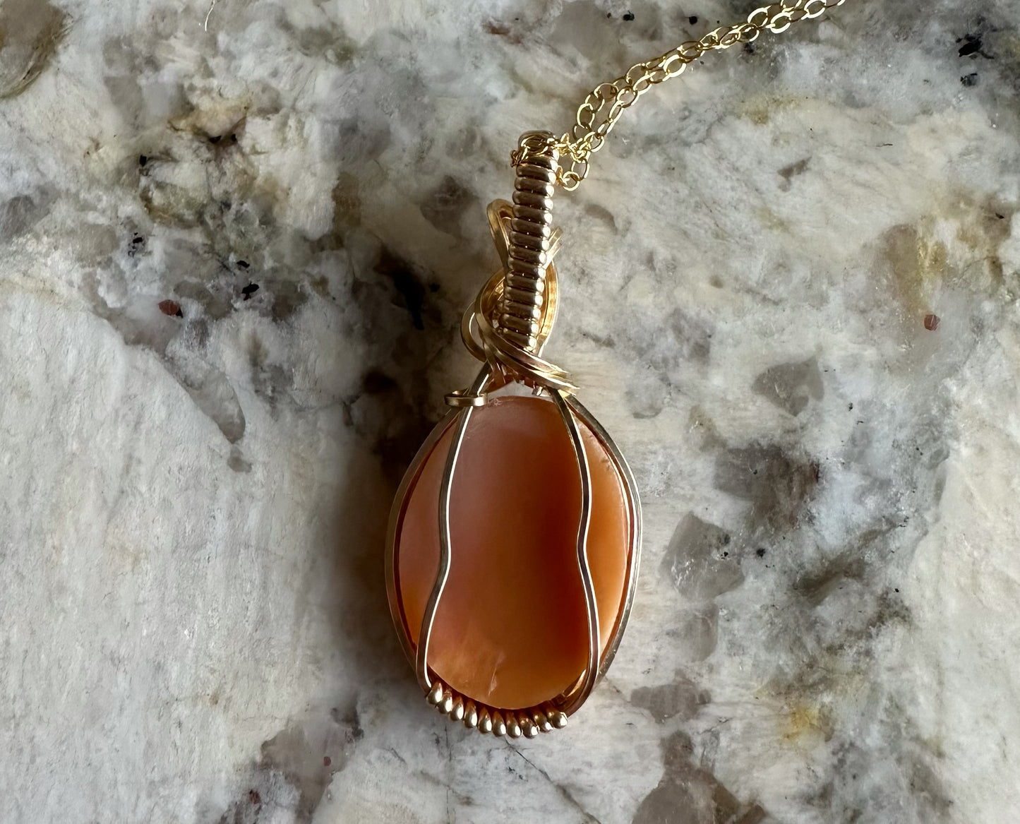 Wire-Wrapped Small Vintage Carved Shell Cameo of Woman Pendant in 14k Goldfilled Wire