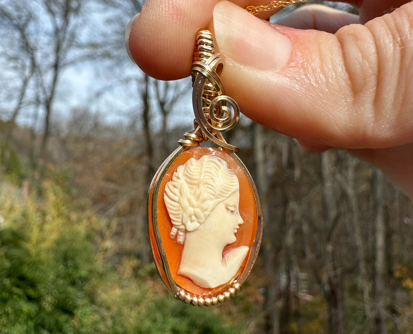 Wire-Wrapped Small Vintage Carved Shell Cameo of Woman Pendant in 14k Goldfilled Wire