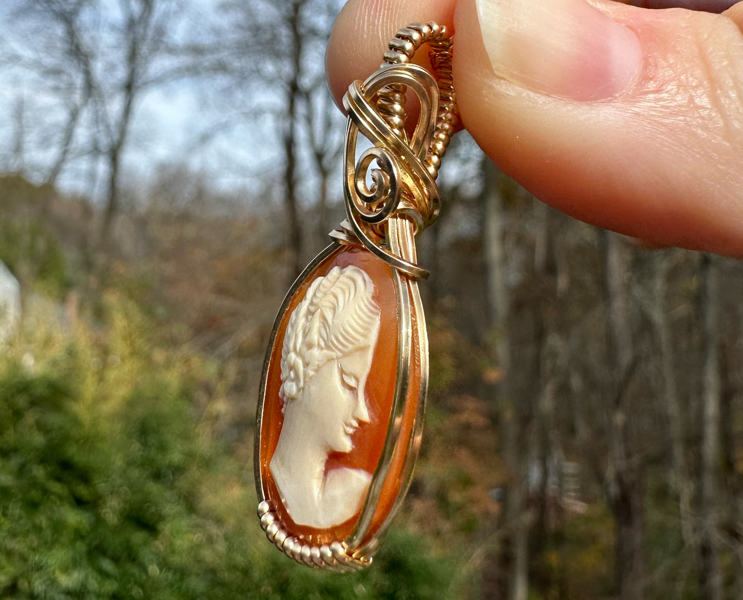 Wire-Wrapped Small Vintage Carved Shell Cameo of Woman Pendant in 14k Goldfilled Wire