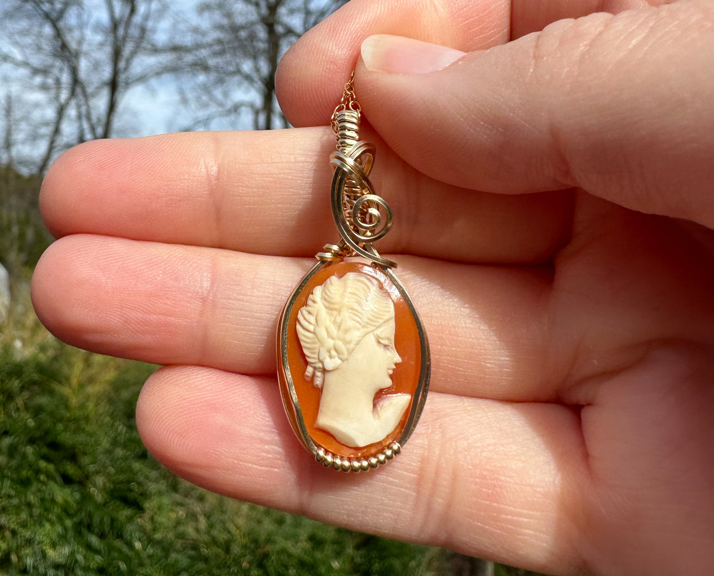 Wire-Wrapped Small Vintage Carved Shell Cameo of Woman Pendant in 14k Goldfilled Wire