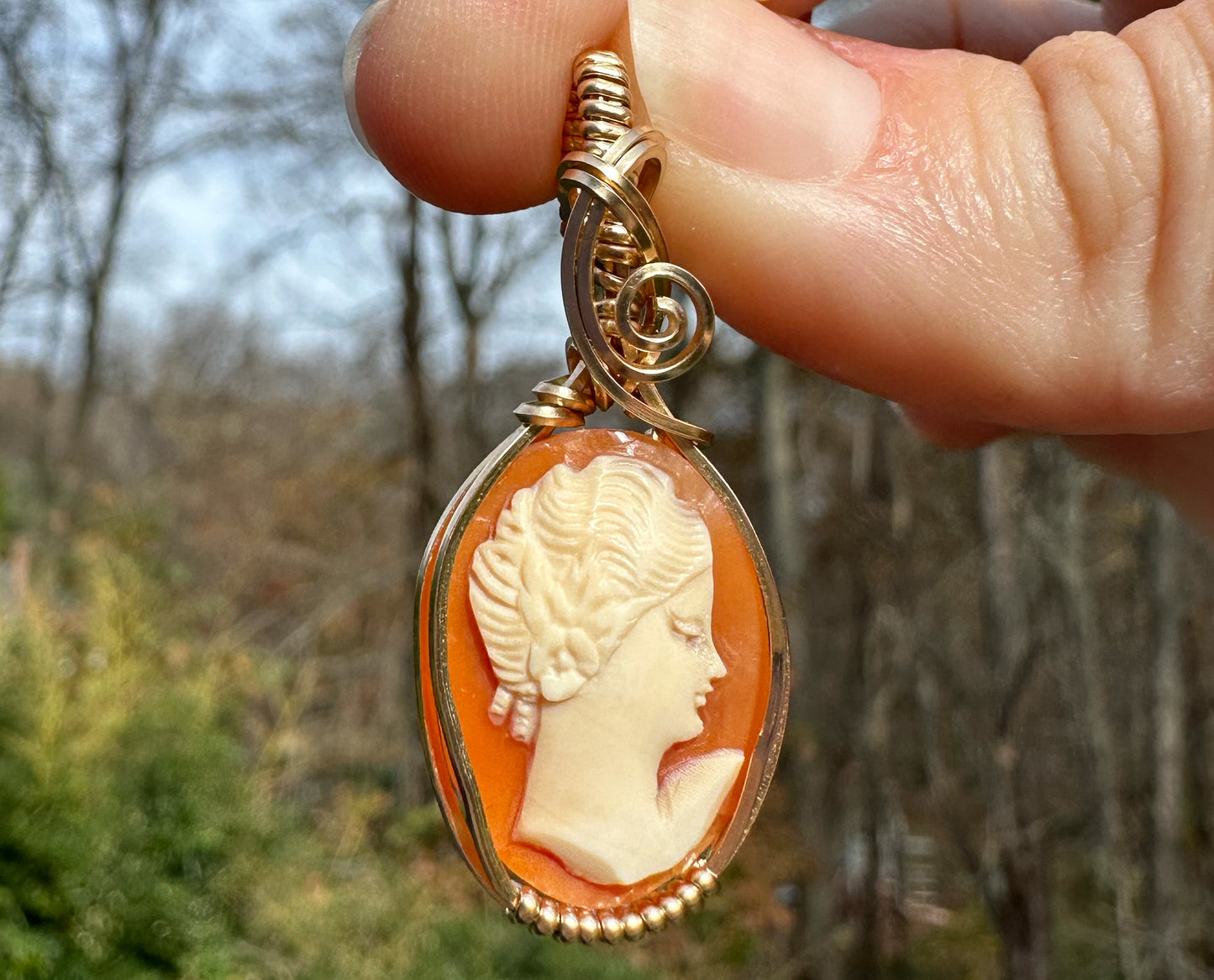 Wire-Wrapped Small Vintage Carved Shell Cameo of Woman Pendant in 14k Goldfilled Wire