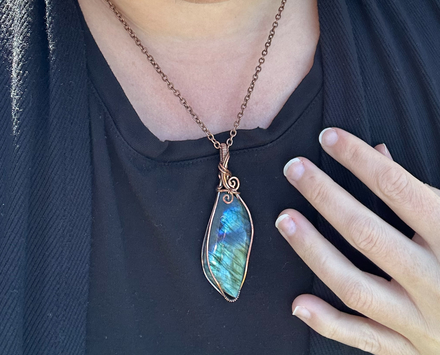 Wire-Wrapped Labradorite Pendant in Copper