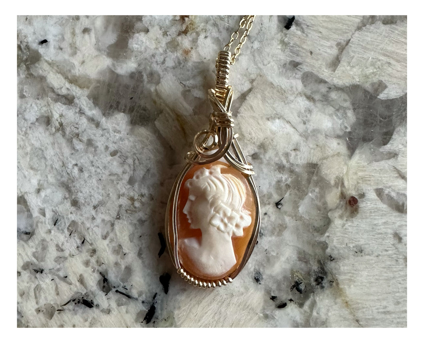 14k Goldfilled Wire-Wrapped Vintage Carved Shell Left-Facing Cameo of Woman