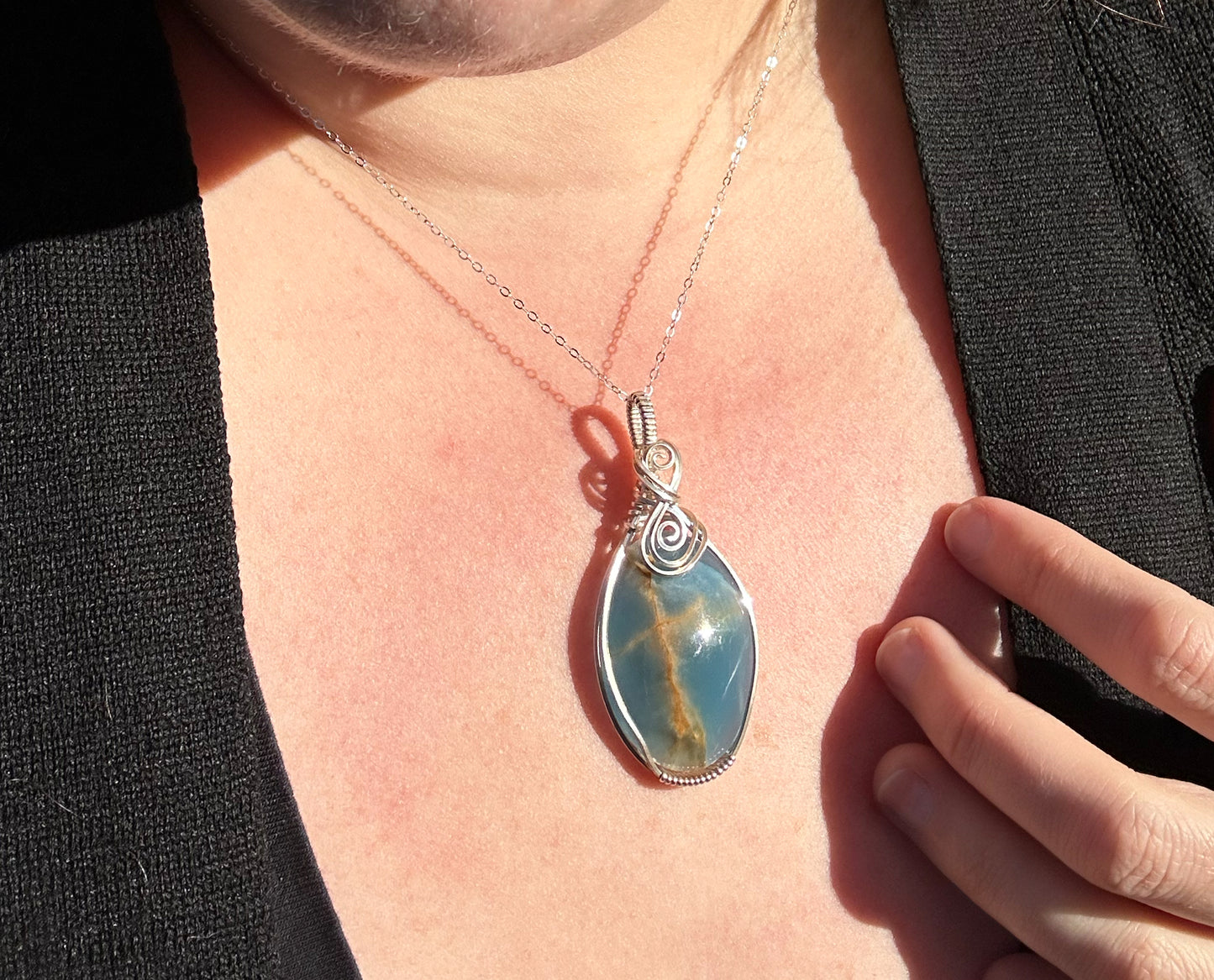 Wire-Wrapped Lemurian Blue Aquatine Calcite Pendant in Sterling Silver