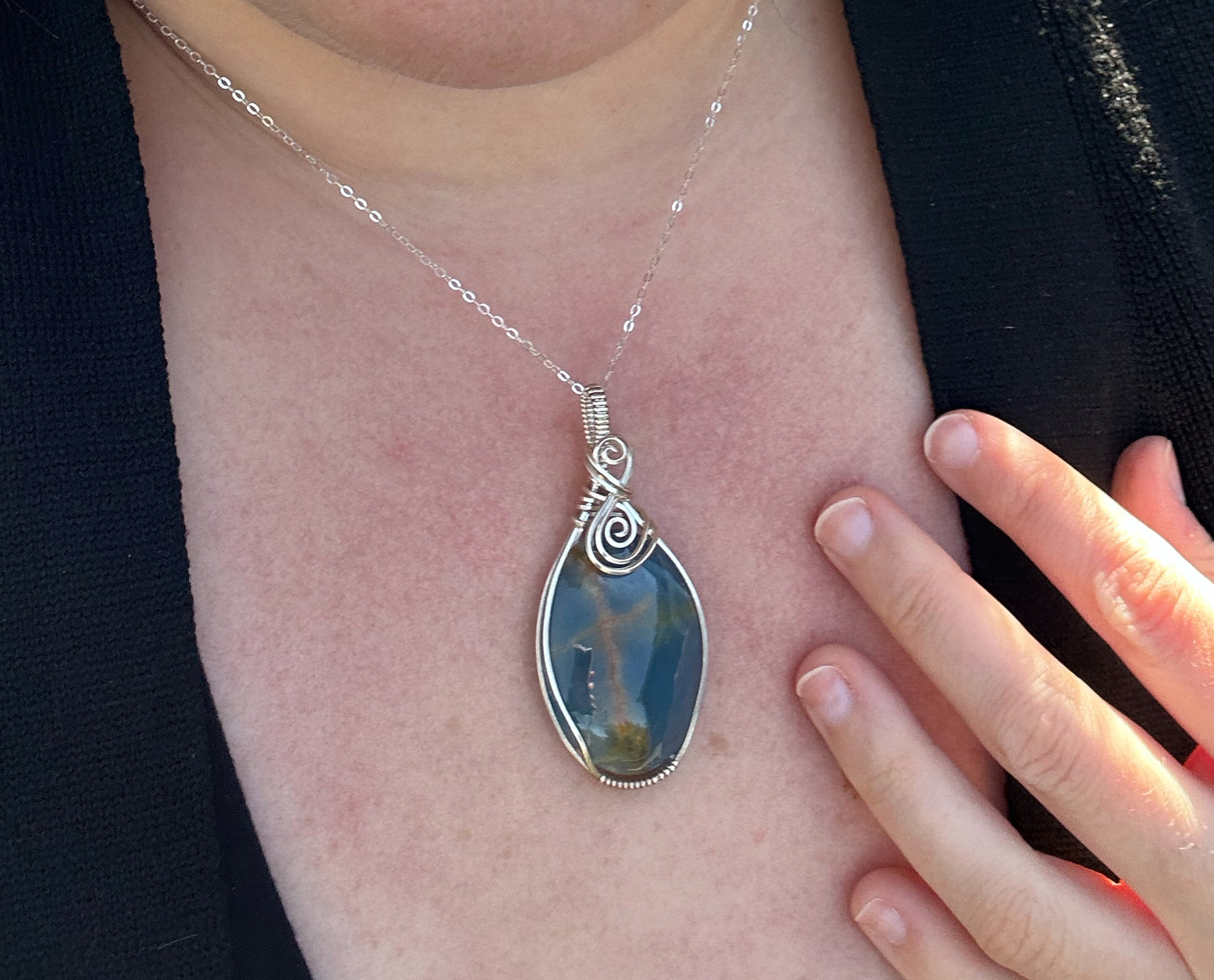 Wire-Wrapped Lemurian Blue Aquatine Calcite Pendant in Sterling Silver