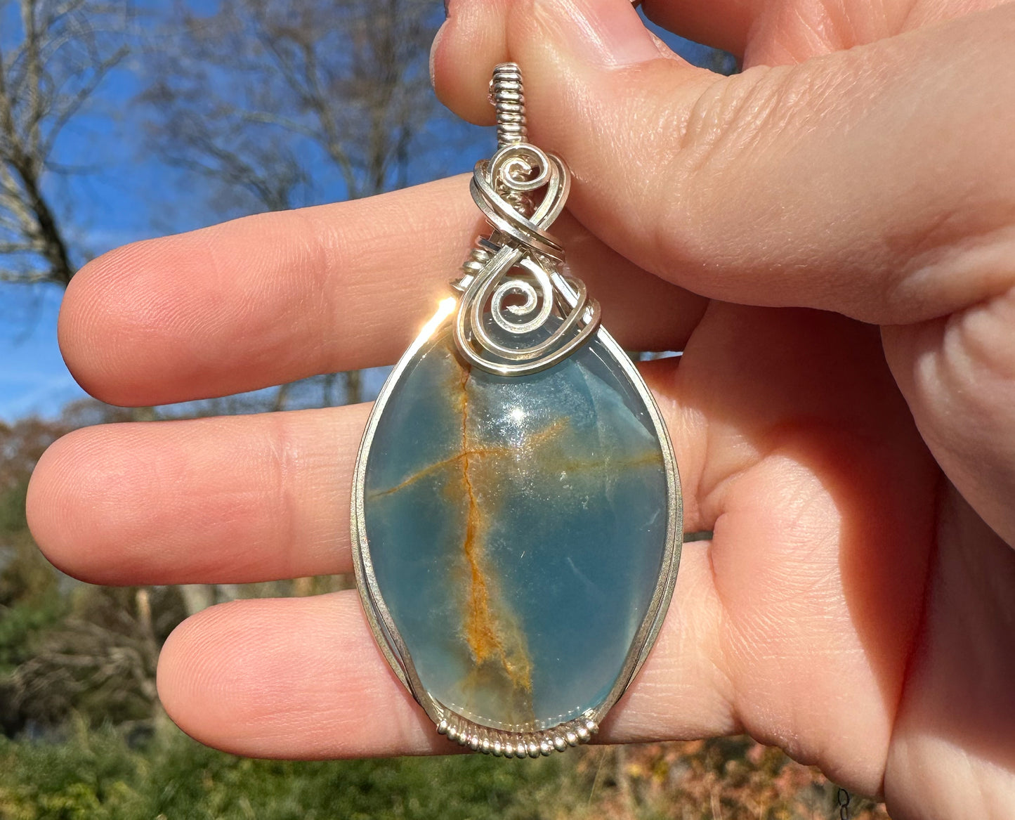 Wire-Wrapped Lemurian Blue Aquatine Calcite Pendant in Sterling Silver