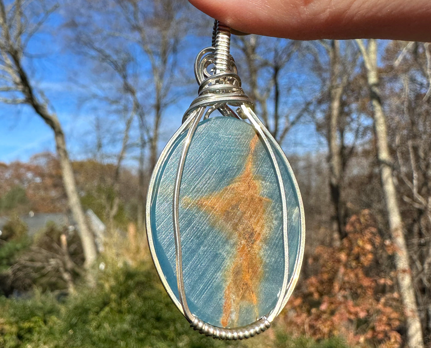 Wire-Wrapped Lemurian Blue Aquatine Calcite Pendant in Sterling Silver