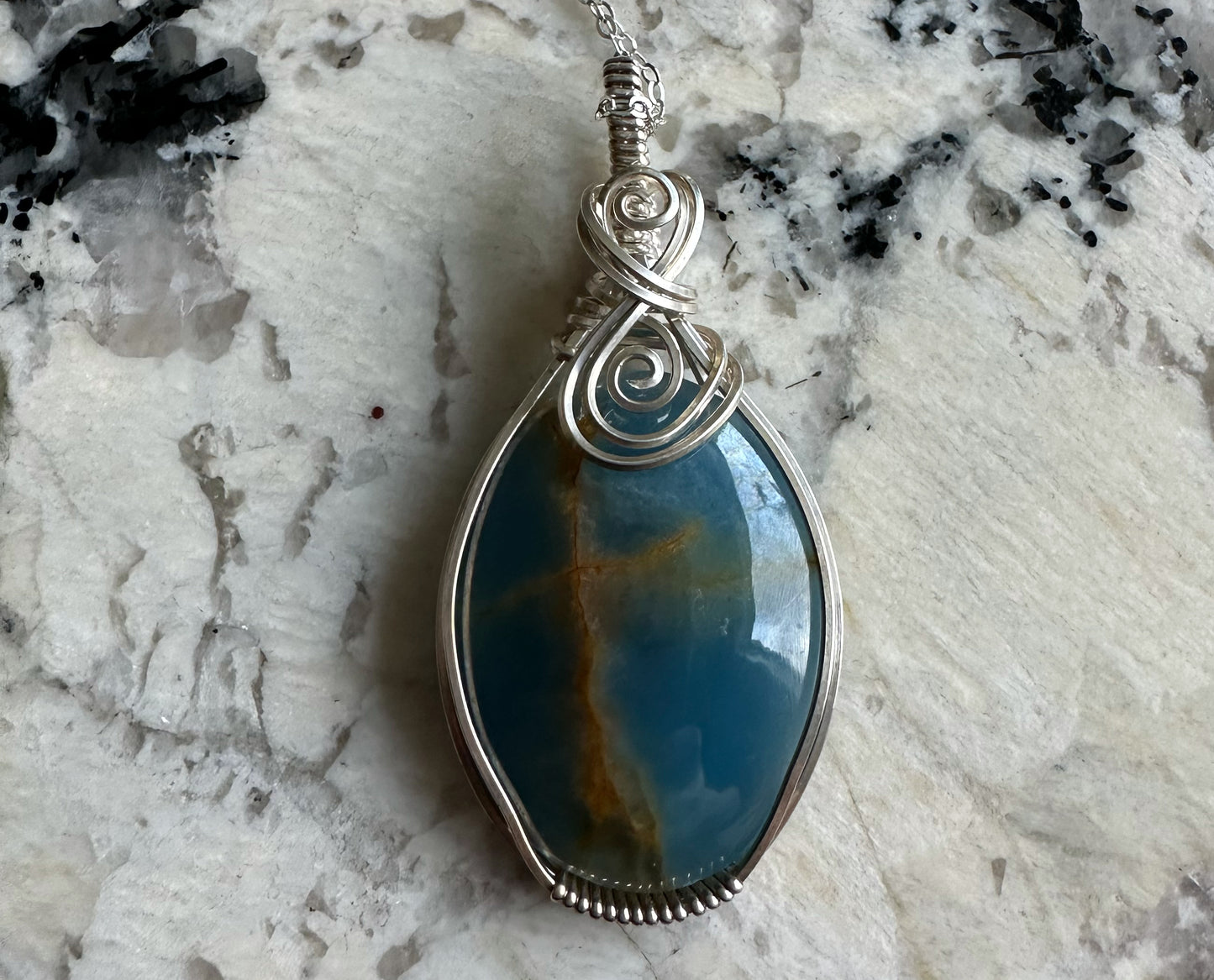 Wire-Wrapped Lemurian Blue Aquatine Calcite Pendant in Sterling Silver