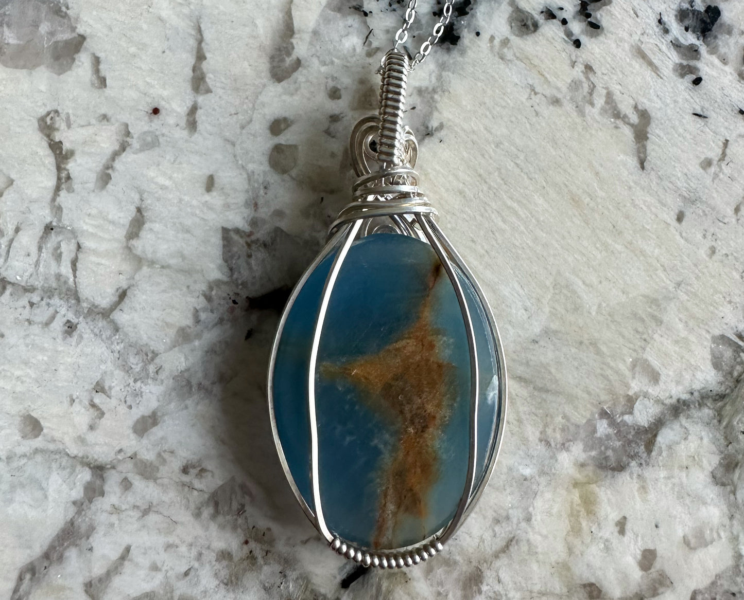 Wire-Wrapped Lemurian Blue Aquatine Calcite Pendant in Sterling Silver