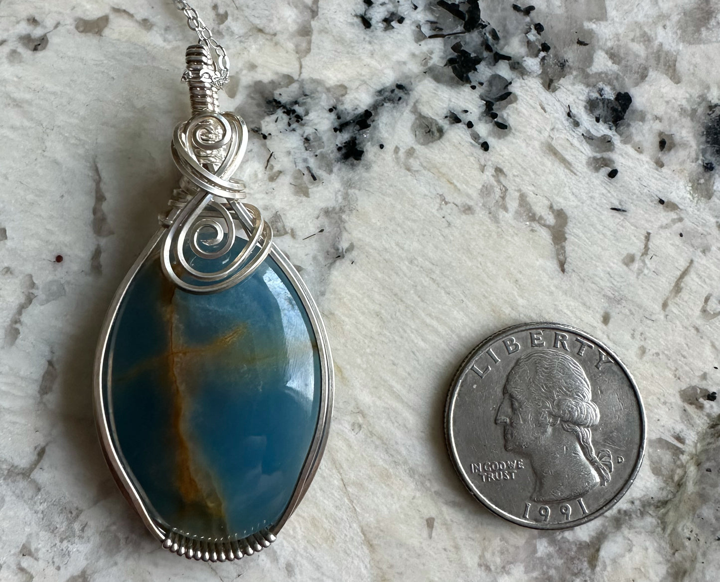 Wire-Wrapped Lemurian Blue Aquatine Calcite Pendant in Sterling Silver
