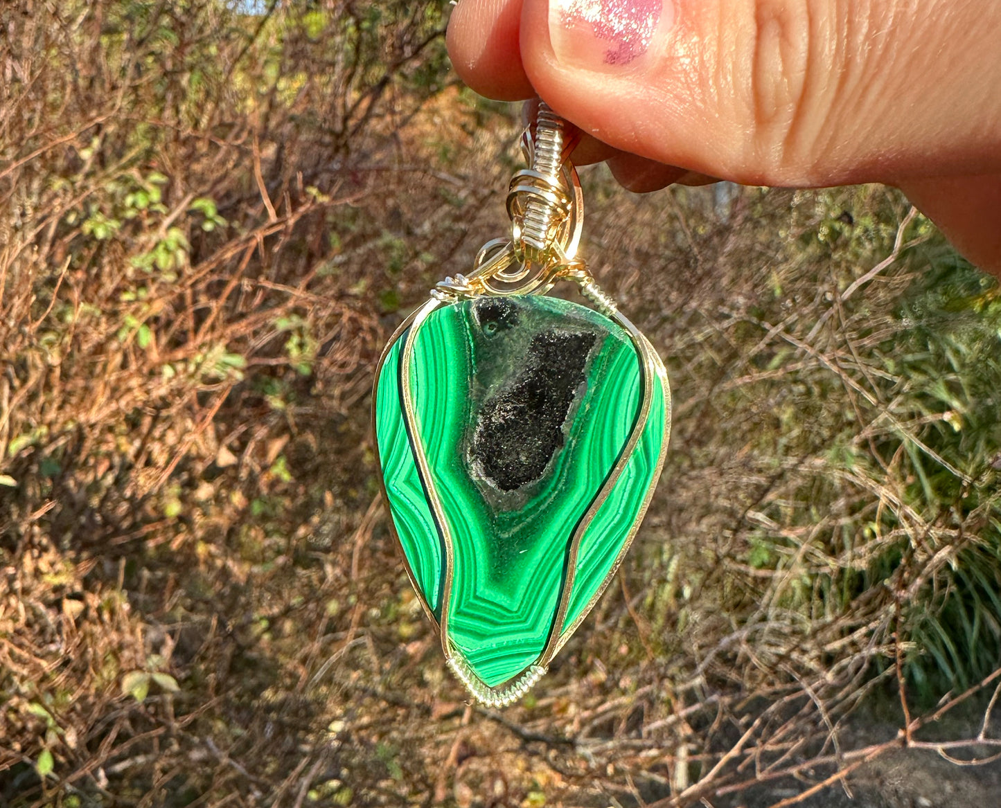 14k Goldfill and Sterling Silver Wire-Wrapped Malachite Pendant