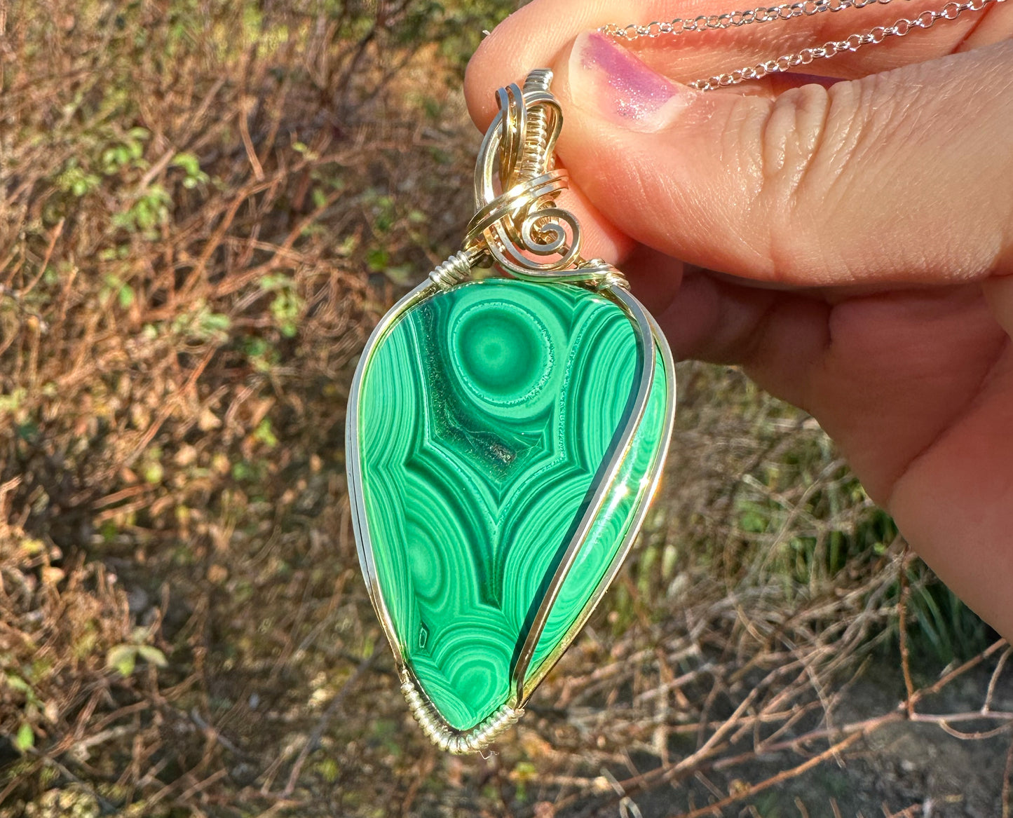 14k Goldfill and Sterling Silver Wire-Wrapped Malachite Pendant