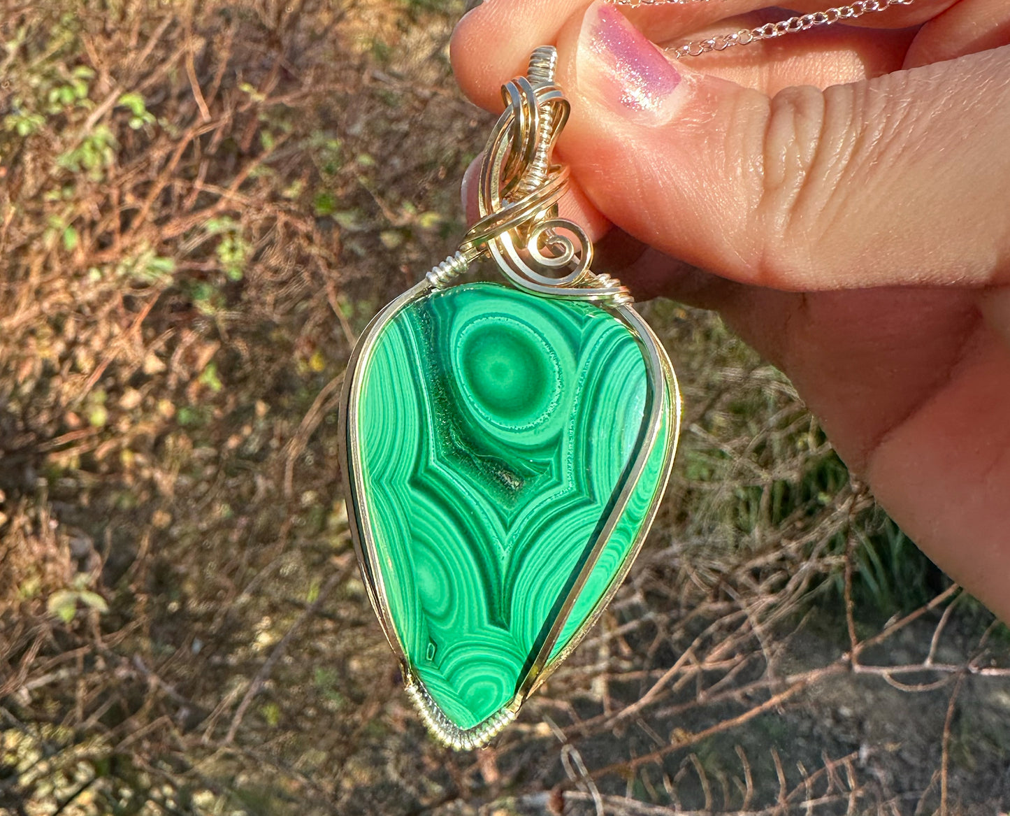 14k Goldfill and Sterling Silver Wire-Wrapped Malachite Pendant