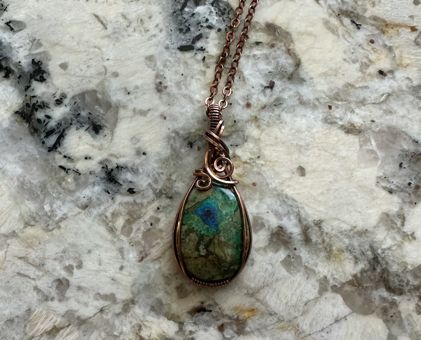 Wire-Wrapped Malazurite (Malachite and Azurite) Pendant in Copper
