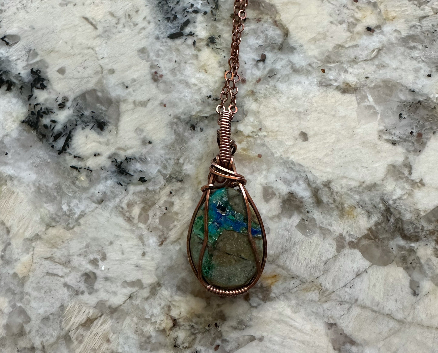 Wire-Wrapped Malazurite (Malachite and Azurite) Pendant in Copper
