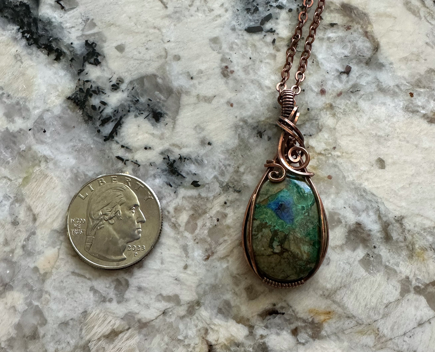 Wire-Wrapped Malazurite (Malachite and Azurite) Pendant in Copper