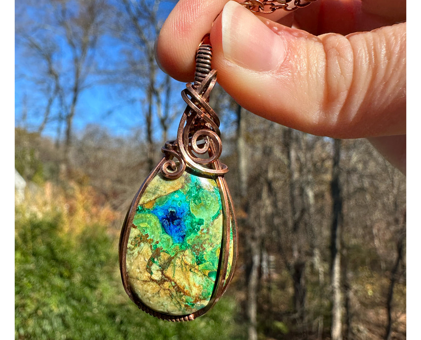 Wire-Wrapped Malazurite (Malachite and Azurite) Pendant in Copper