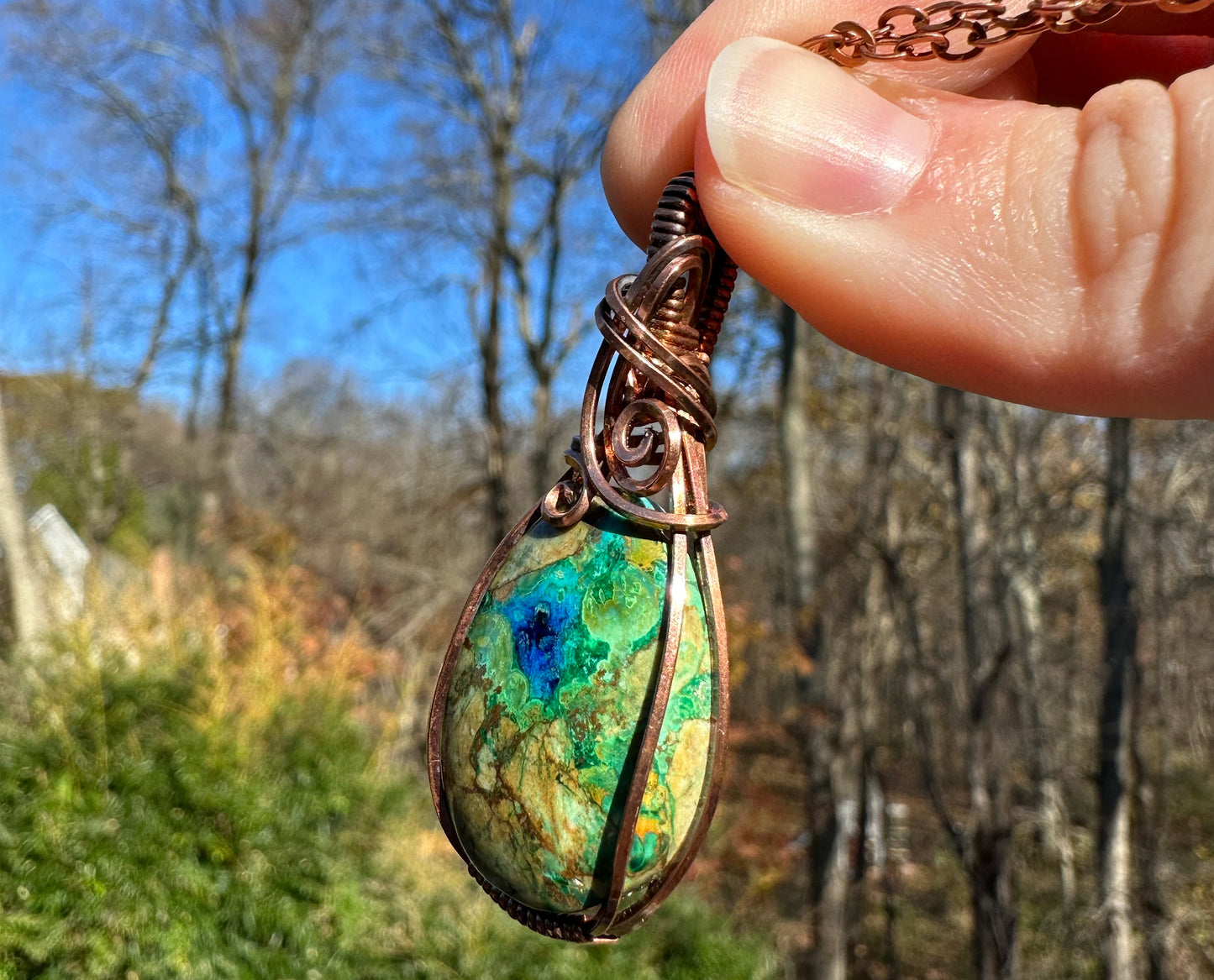 Wire-Wrapped Malazurite (Malachite and Azurite) Pendant in Copper