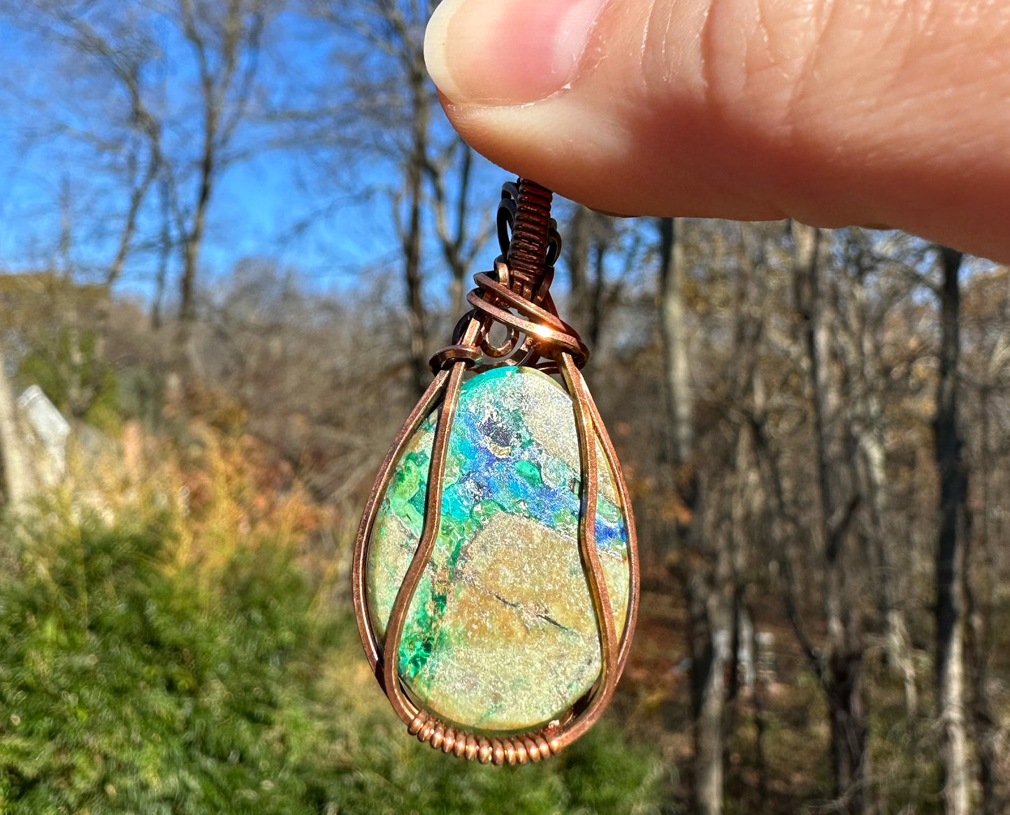 Wire-Wrapped Malazurite (Malachite and Azurite) Pendant in Copper