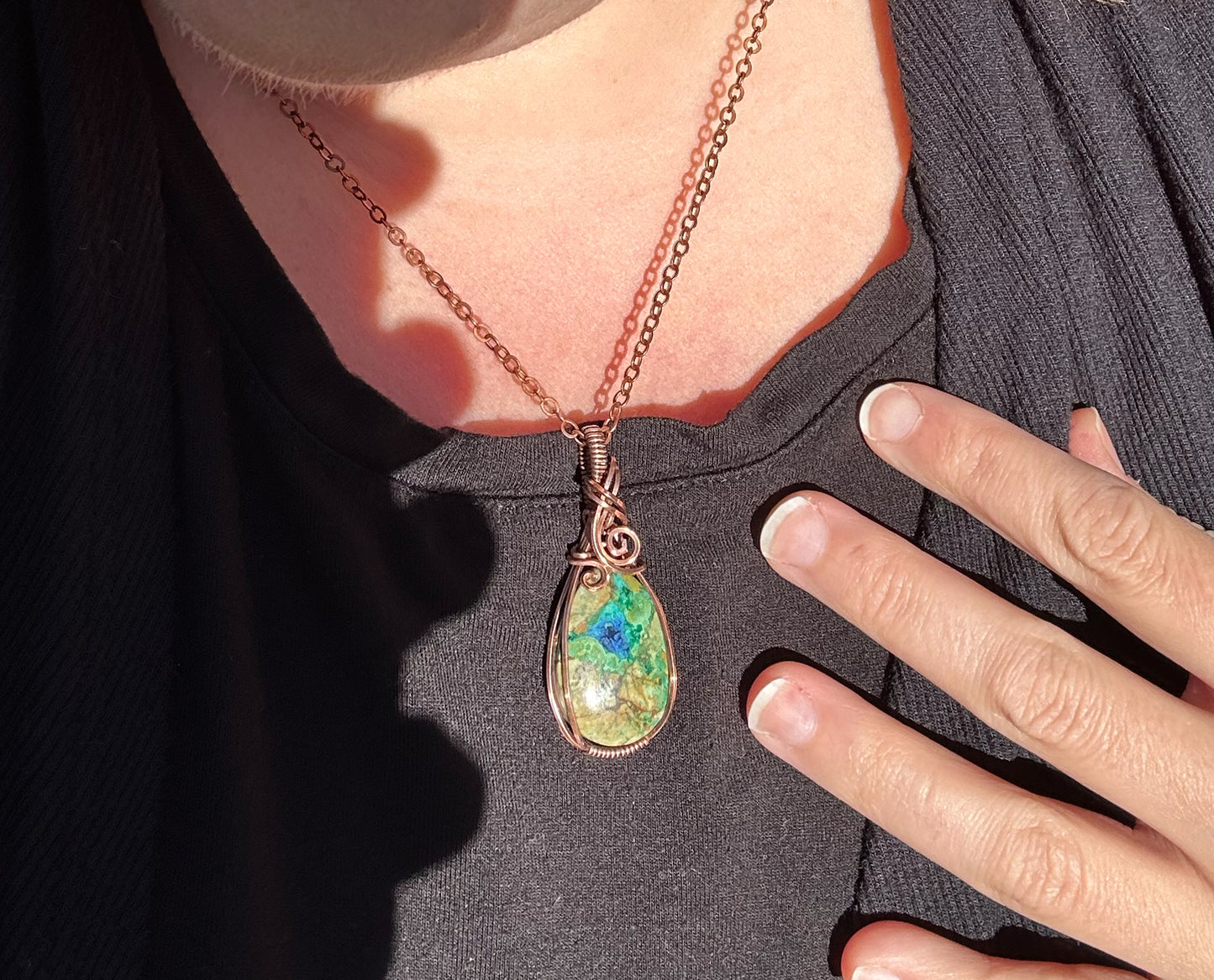 Wire-Wrapped Malazurite (Malachite and Azurite) Pendant in Copper