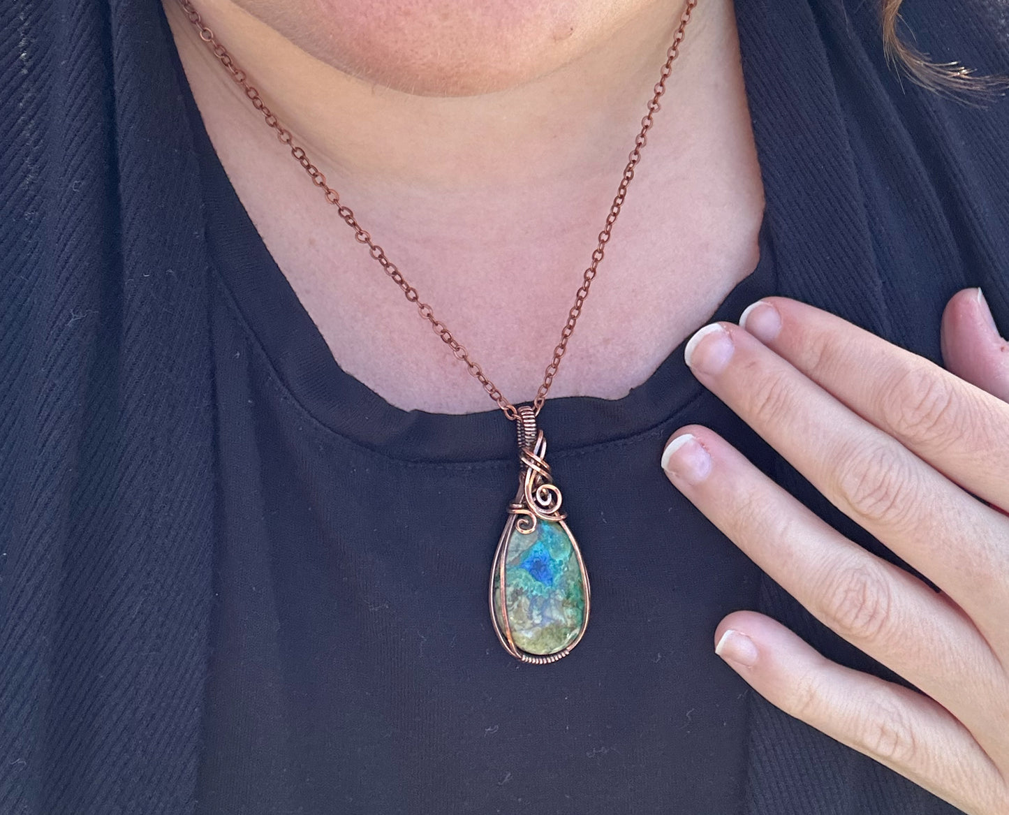 Wire-Wrapped Malazurite (Malachite and Azurite) Pendant in Copper