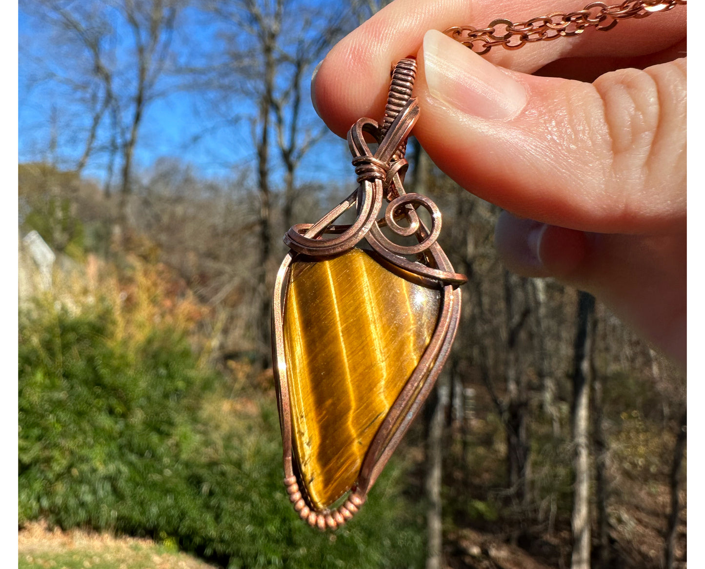 Wire-Wrapped Nellite (Lionskin/Honey Stone) Pendant in Copper