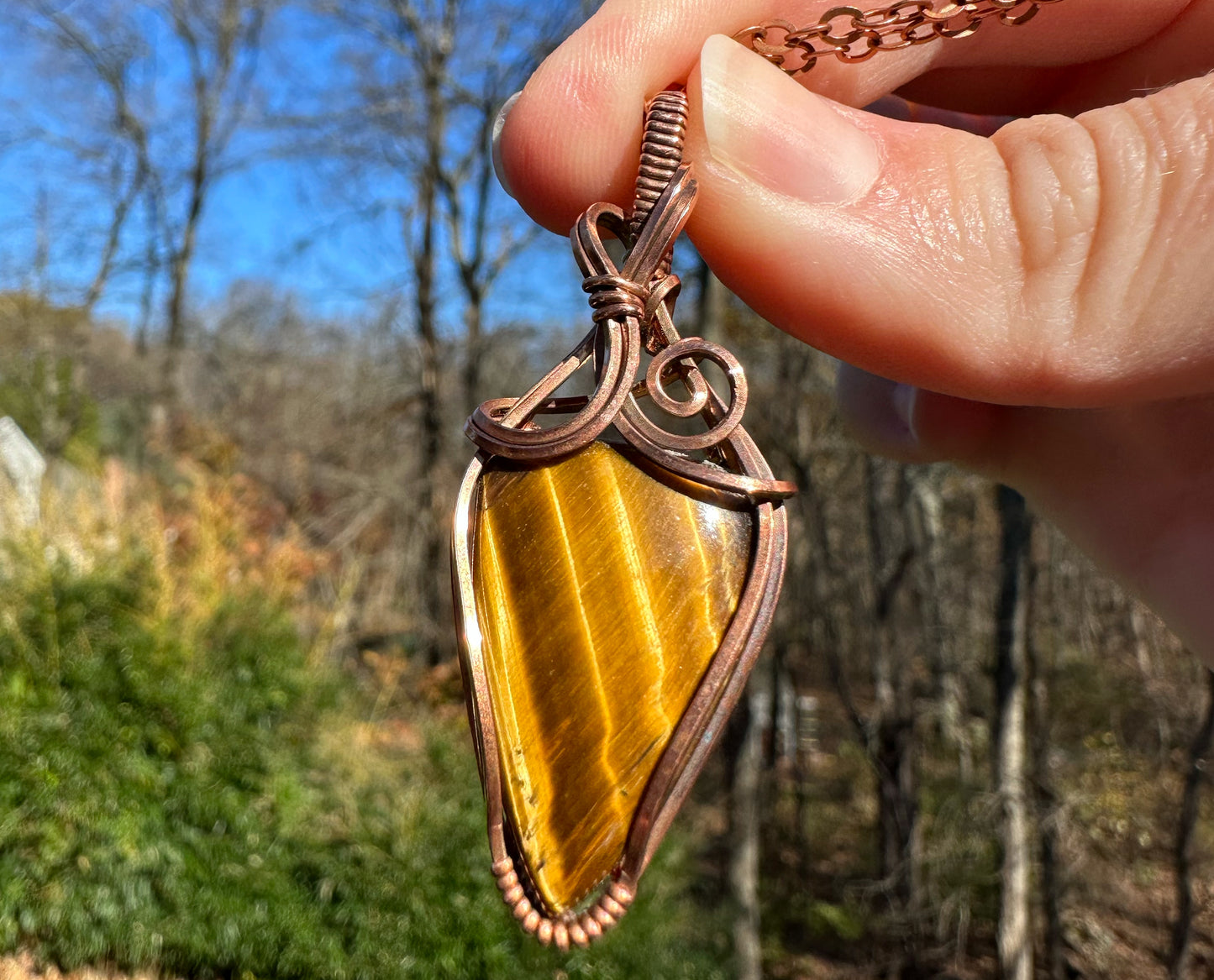 Wire-Wrapped Nellite (Lionskin/Honey Stone) Pendant in Copper