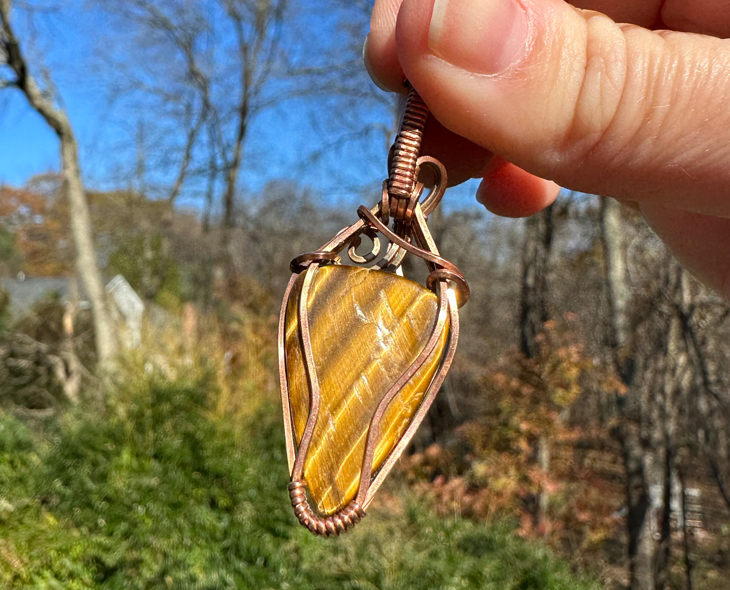 Wire-Wrapped Nellite (Lionskin/Honey Stone) Pendant in Copper