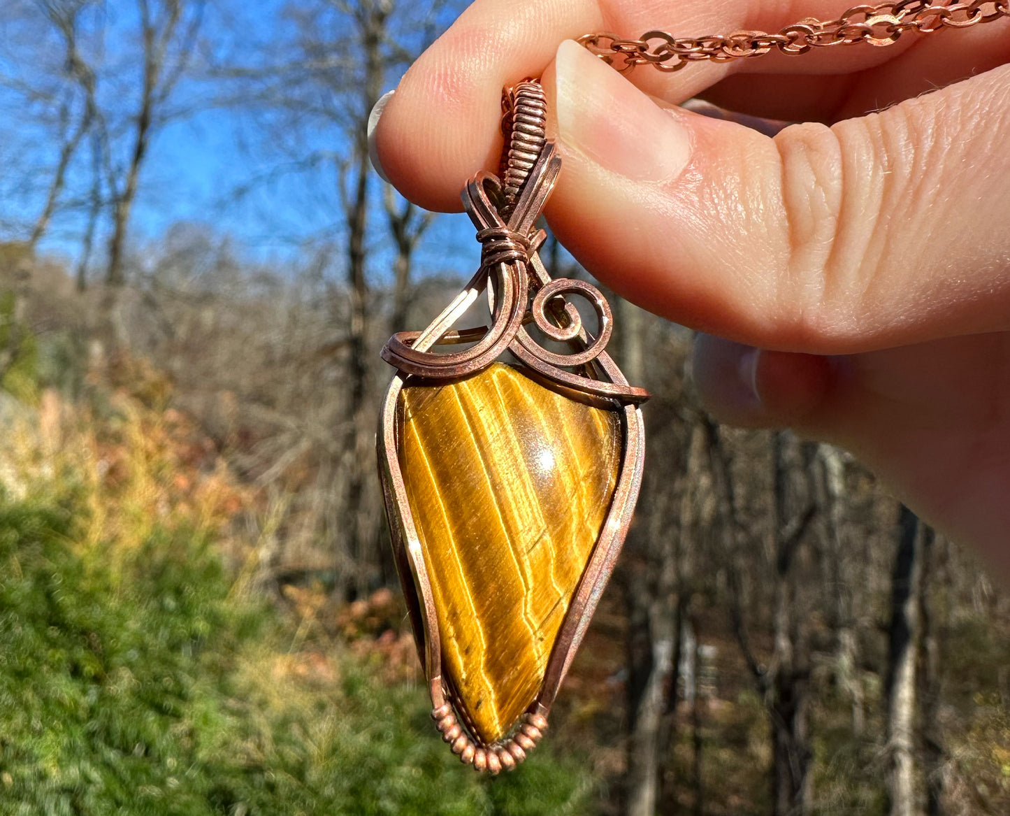 Wire-Wrapped Nellite (Lionskin/Honey Stone) Pendant in Copper