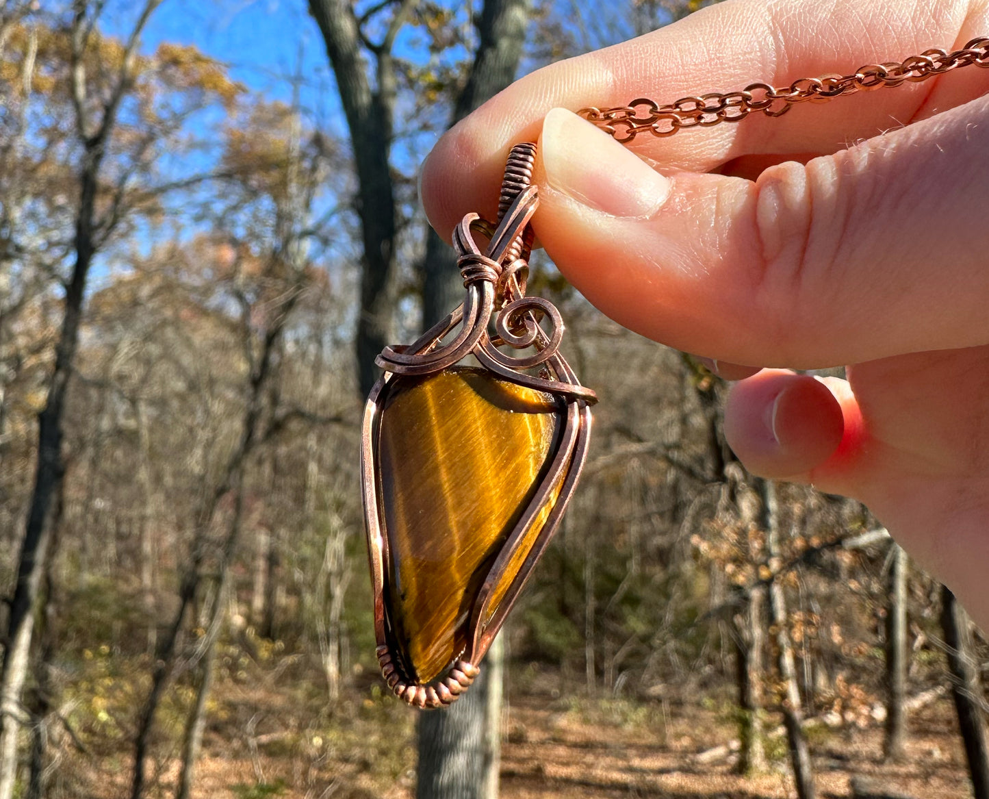 Wire-Wrapped Nellite (Lionskin/Honey Stone) Pendant in Copper