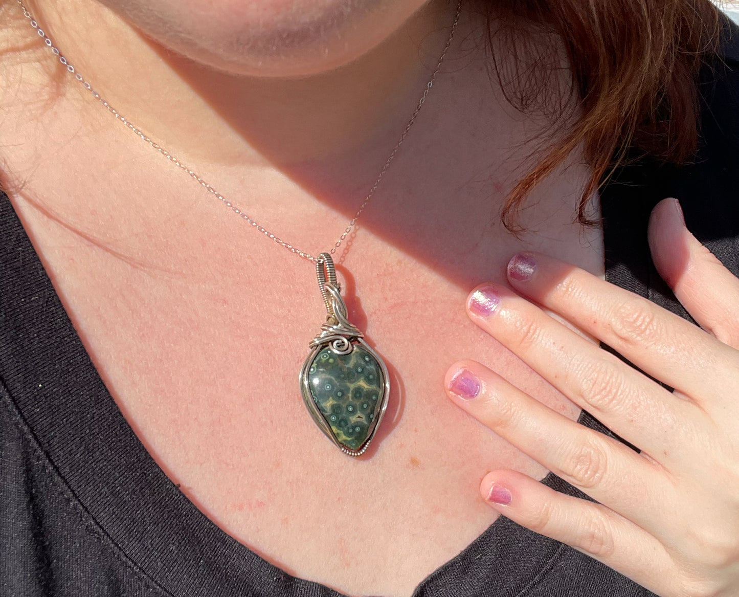 Wire-Wrapped Orbicular Kabamby Green Ocean Jasper Pendant in Sterling Silver