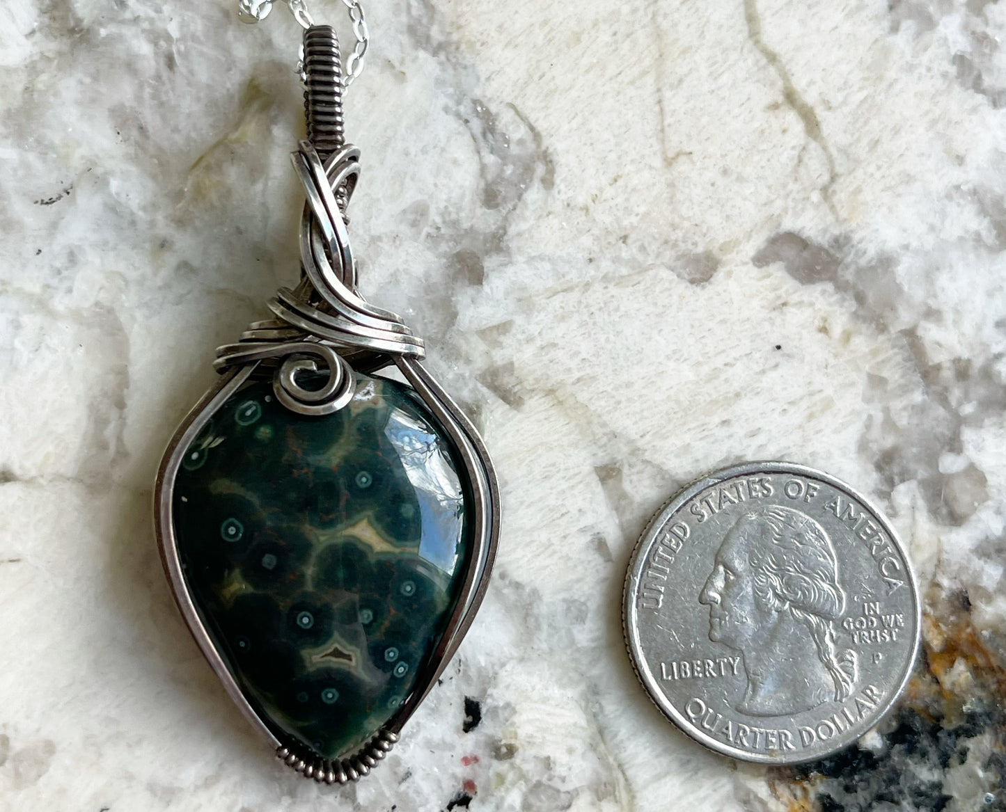 Wire-Wrapped Orbicular Kabamby Green Ocean Jasper Pendant in Sterling Silver