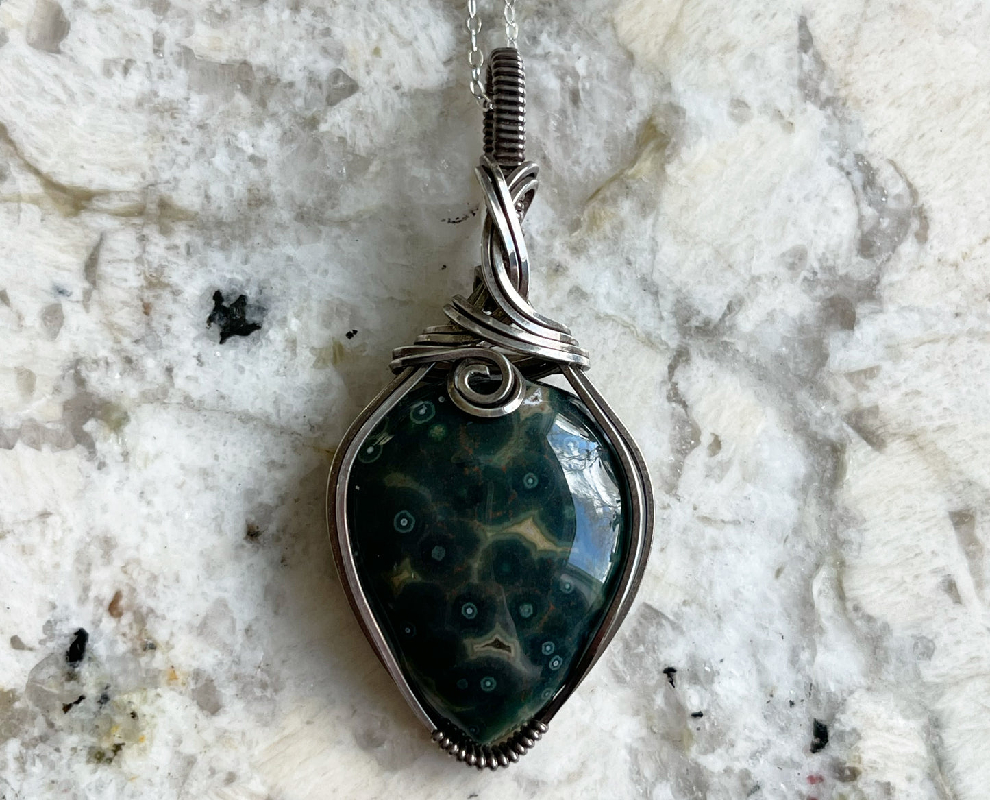 Wire-Wrapped Orbicular Kabamby Green Ocean Jasper Pendant in Sterling Silver