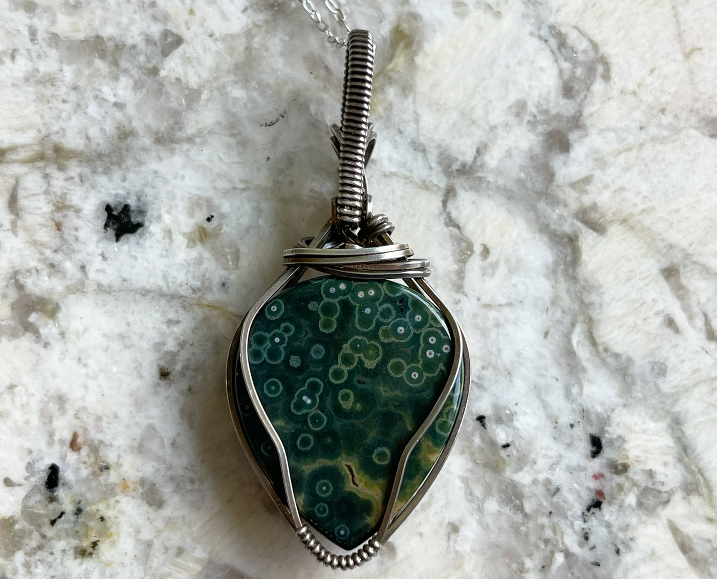 Wire-Wrapped Orbicular Kabamby Green Ocean Jasper Pendant in Sterling Silver