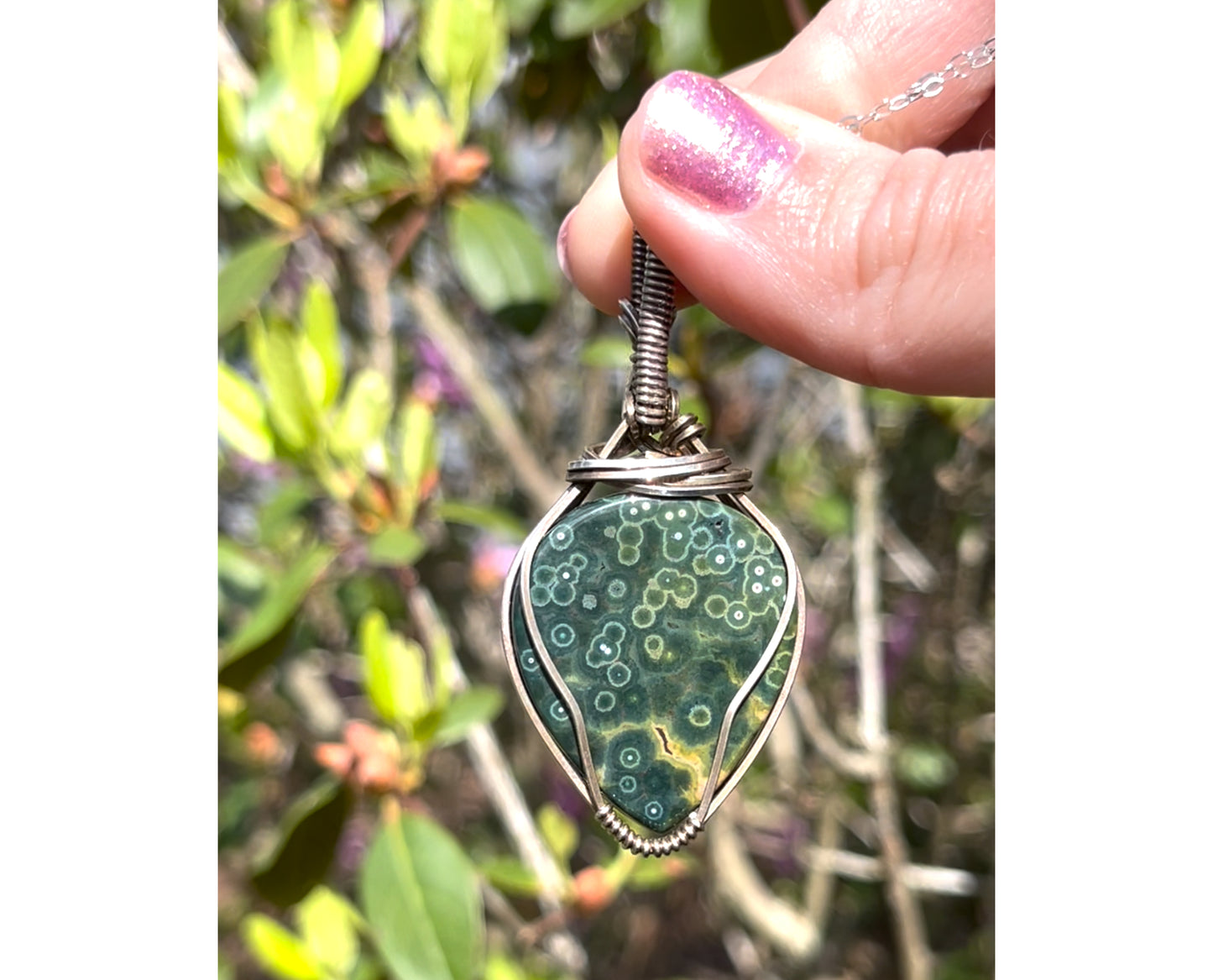 Wire-Wrapped Orbicular Kabamby Green Ocean Jasper Pendant in Sterling Silver