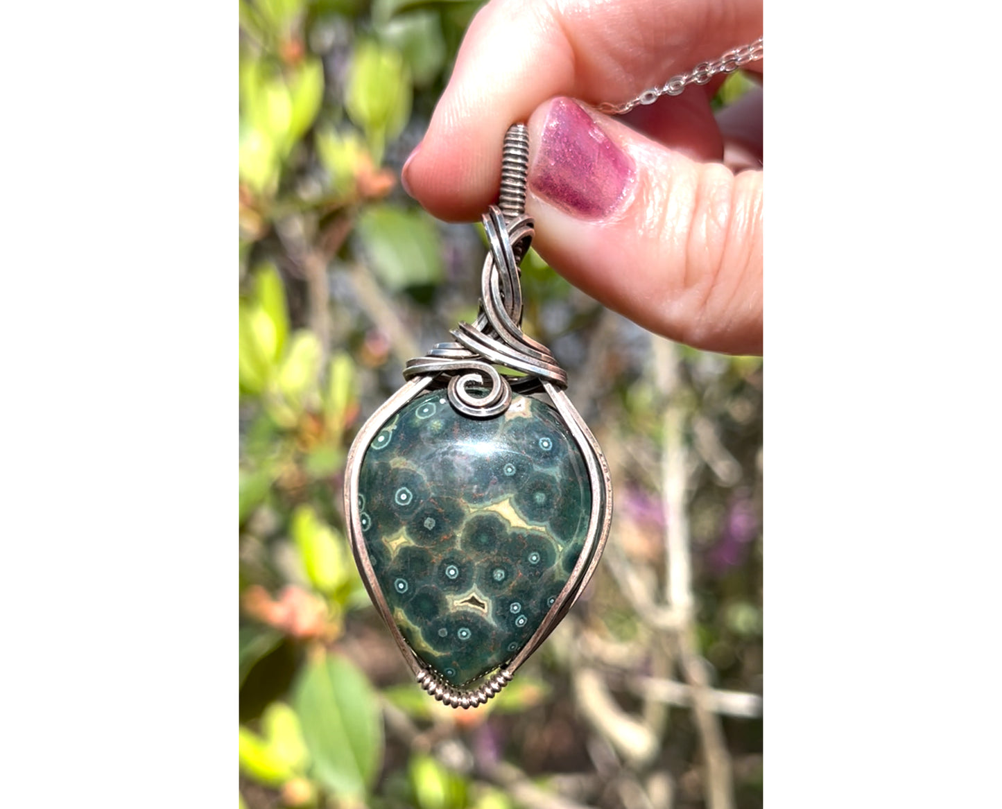 Wire-Wrapped Orbicular Kabamby Green Ocean Jasper Pendant in Sterling Silver