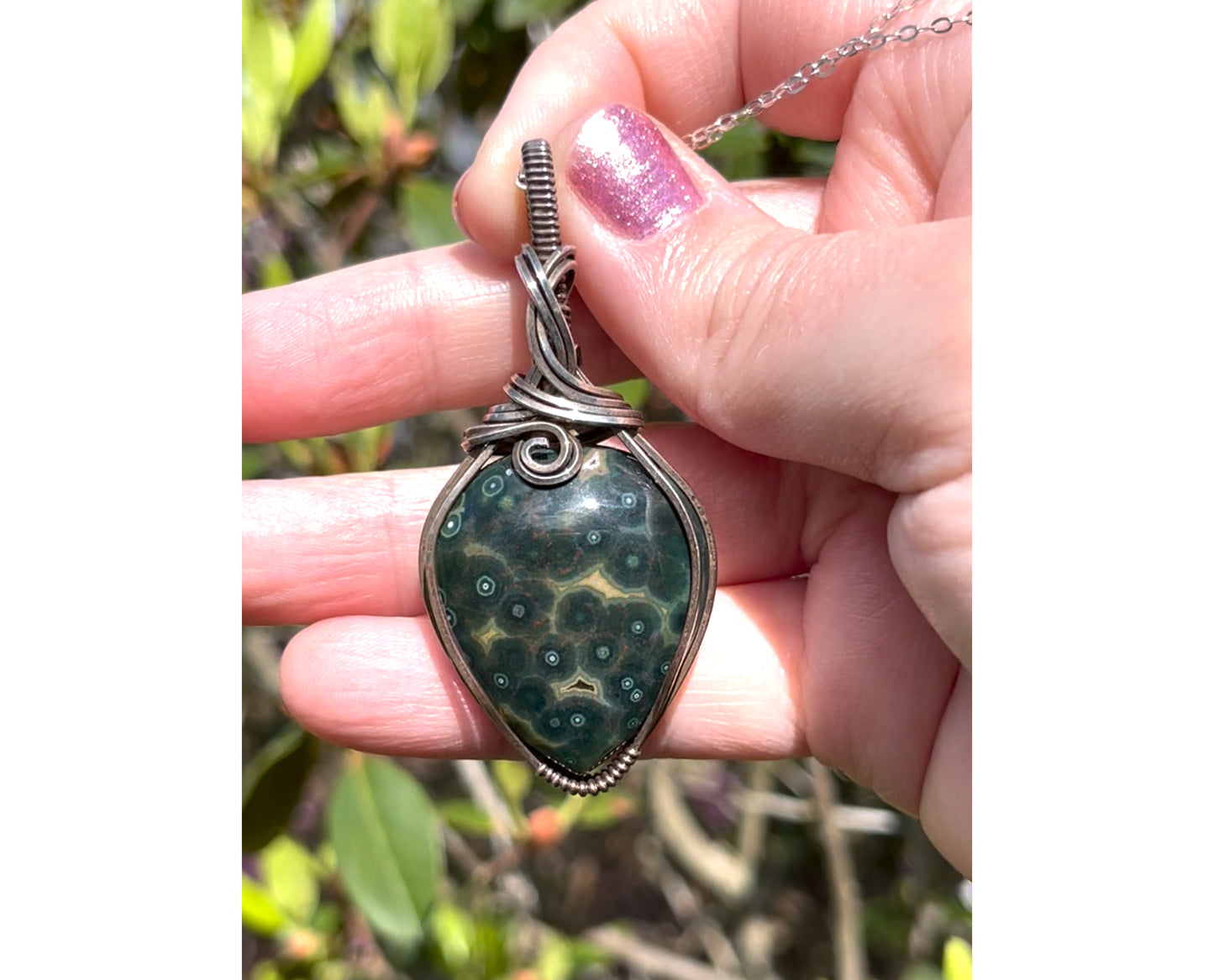 Wire-Wrapped Orbicular Kabamby Green Ocean Jasper Pendant in Sterling Silver