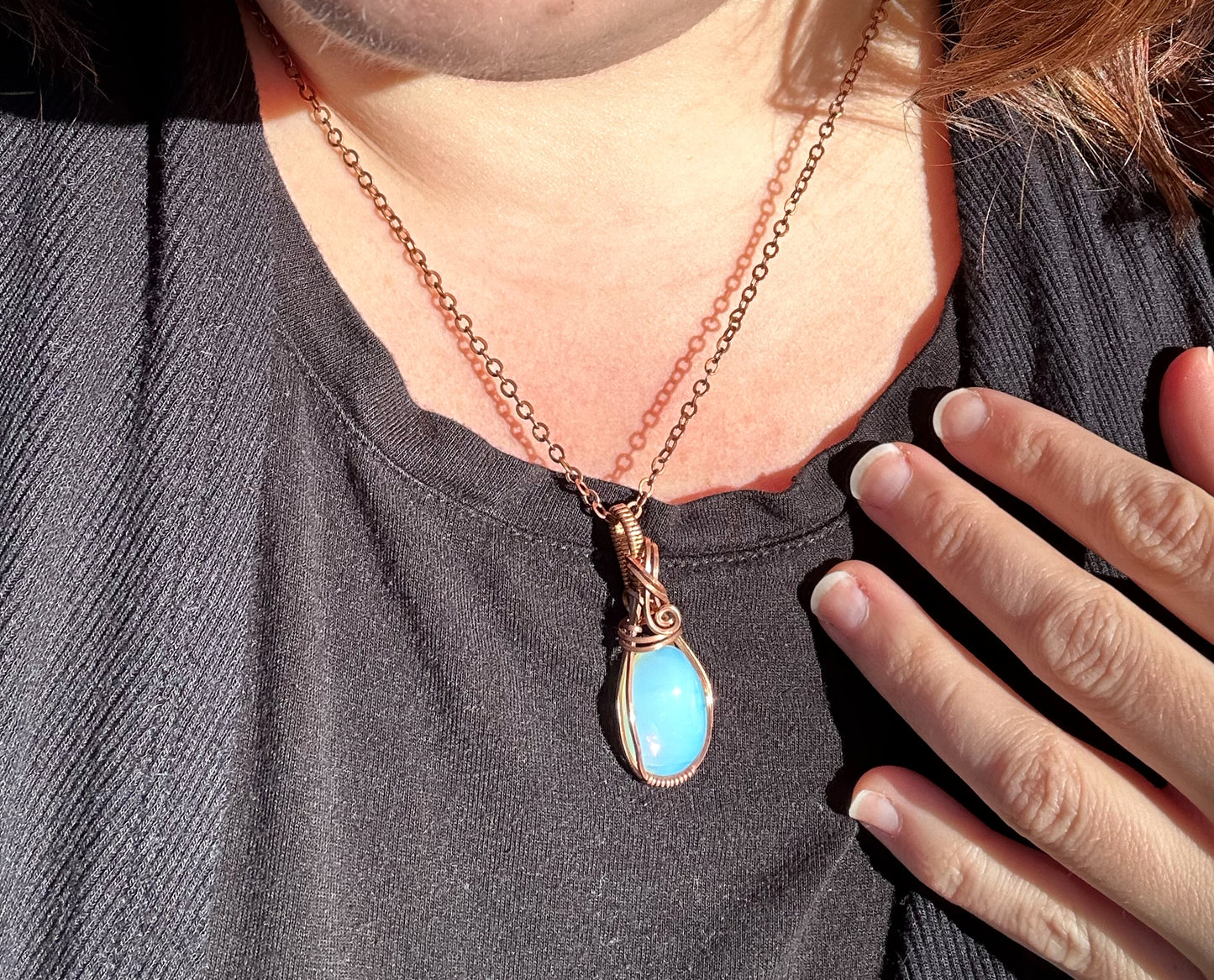 Copper Wire-Wrapped Opalite Glass Pendant