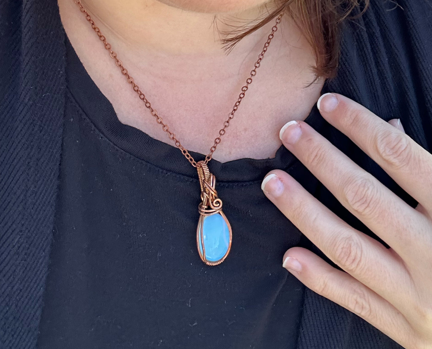 Copper Wire-Wrapped Opalite Glass Pendant