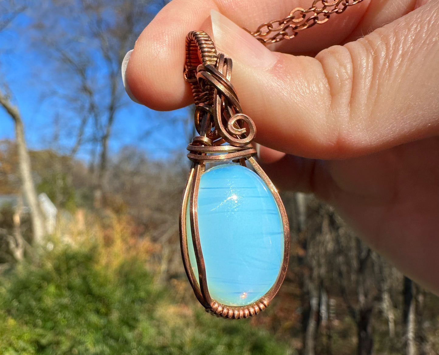 Copper Wire-Wrapped Opalite Glass Pendant