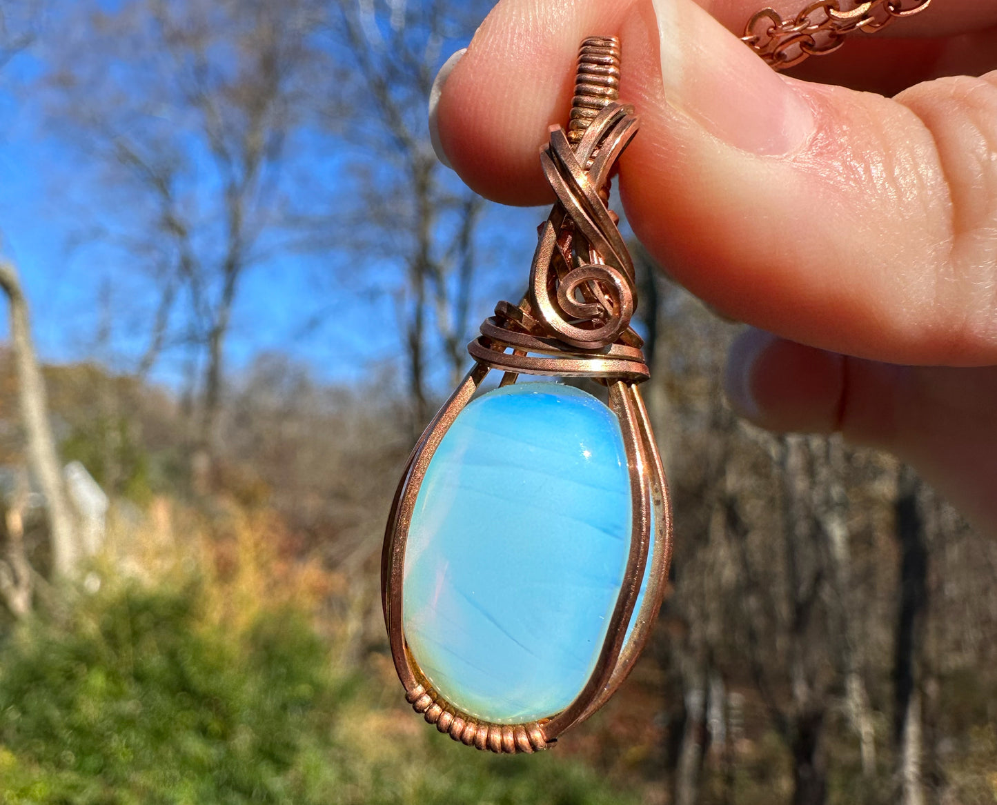 Copper Wire-Wrapped Opalite Glass Pendant