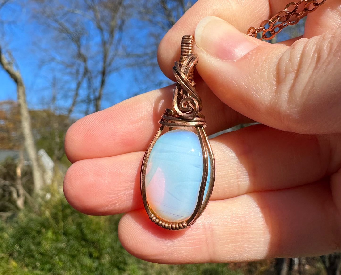 Copper Wire-Wrapped Opalite Glass Pendant