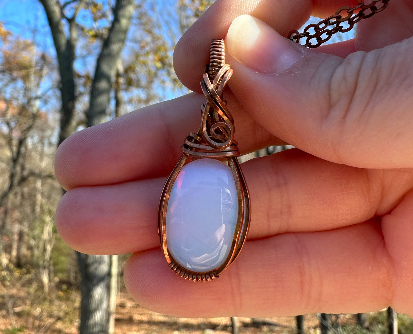 Copper Wire-Wrapped Opalite Glass Pendant