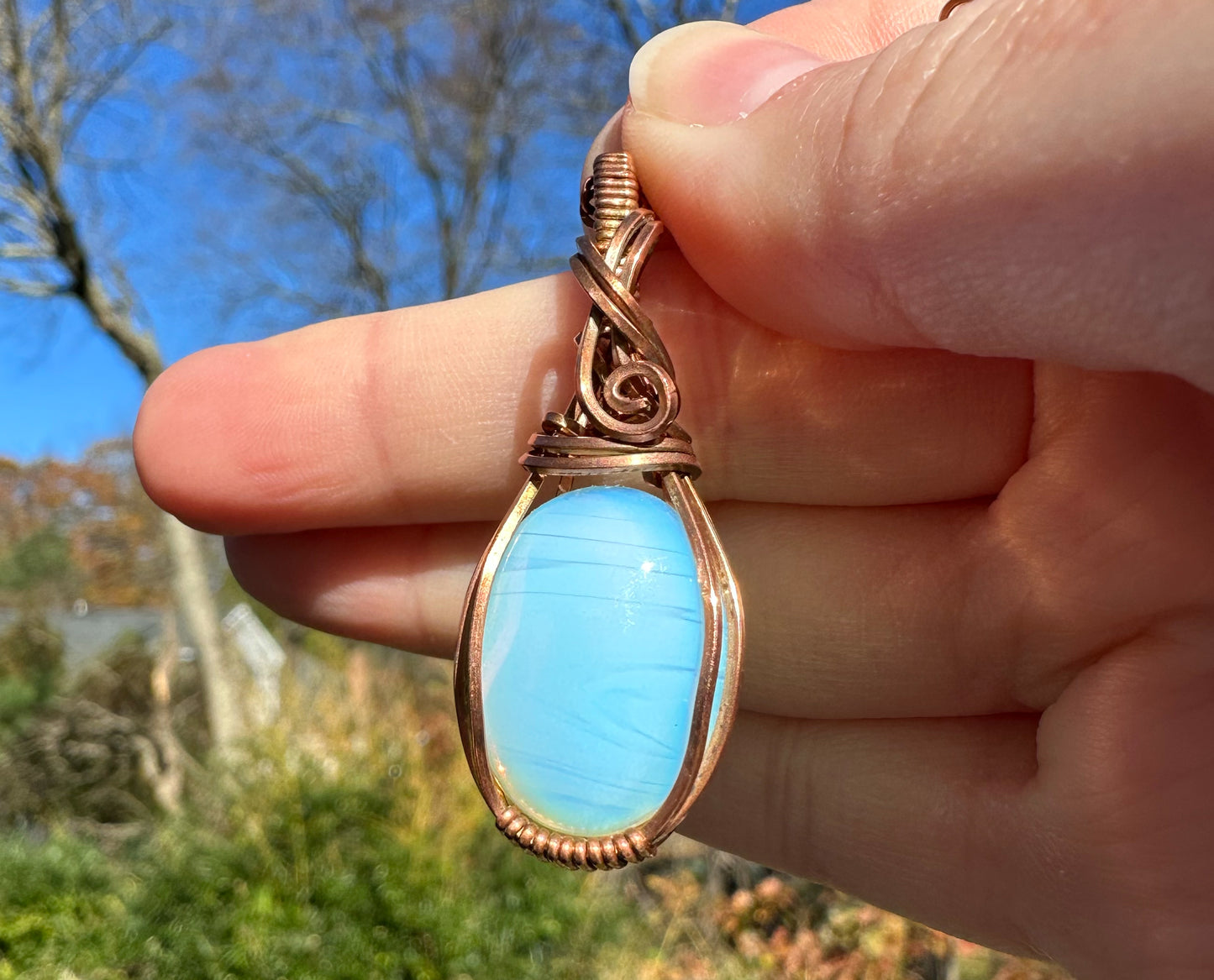 Copper Wire-Wrapped Opalite Glass Pendant
